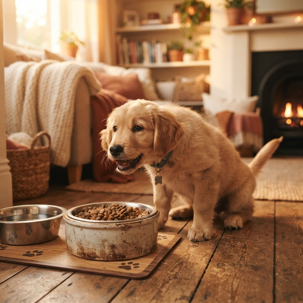 A dog eating a full bowl of food